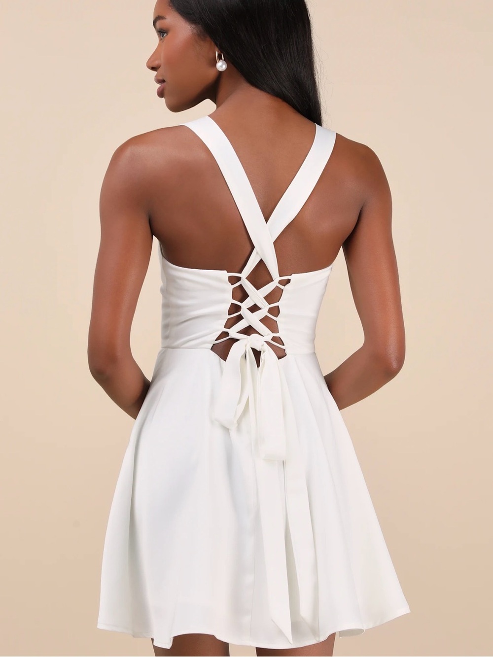 Admirably Chic White Satin Lace-Up Mini Dress With Pockets